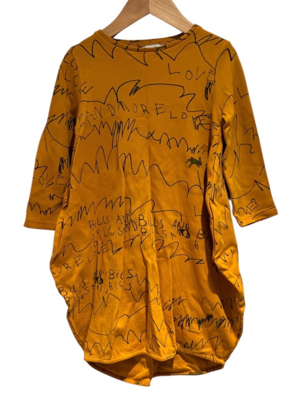 WOLF & RITA golden yellow long sleeve dress with scribbled words - size 2+